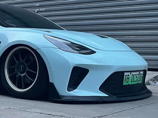 Tesla Model 3 Performance Long Range Standard Base 2017 2018 2019 2020 2021 2022 2023 with Aftermarket Parts - "HACKER" Narrow Body Front Bumper & Front Splitter Carbon Fiber / FRP from Robot Craftsman