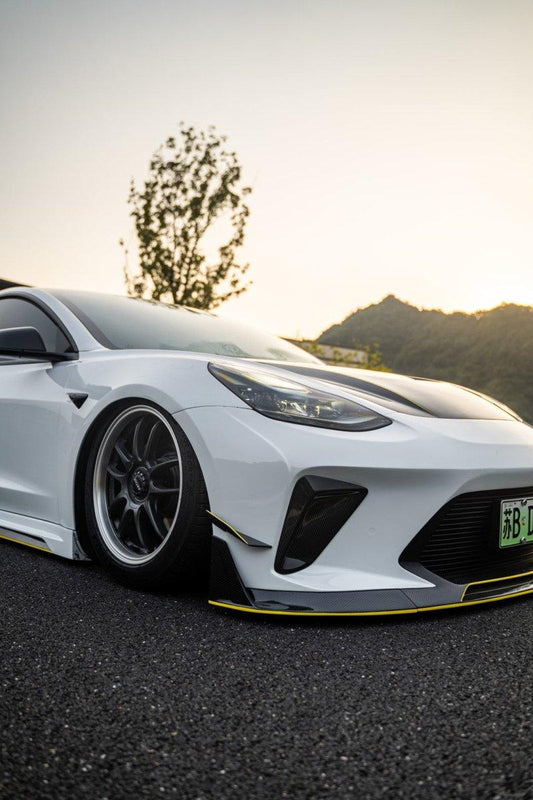 Tesla Model 3 Performance Long Range Standard Base 2017 2018 2019 2020 2021 2022 2023 with Aftermarket Parts - "HACKER" Narrow Body Front Bumper & Front Splitter Carbon Fiber / FRP from Robot Craftsman