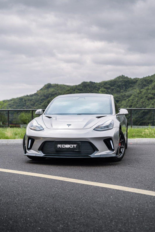 Tesla Model 3 Performance Long Range Standard Base 2017 2018 2019 2020 2021 2022 2023 with Aftermarket Parts - "HACKER" Narrow Body Front Bumper & Front Splitter Carbon Fiber / FRP from Robot Craftsman