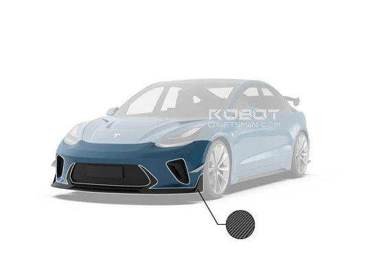 Tesla Model 3 Performance Long Range Standard Base 2017 2018 2019 2020 2021 2022 2023 with Aftermarket Parts - "HACKER" Narrow Body Front Bumper & Front Splitter Carbon Fiber / FRP from Robot Craftsman