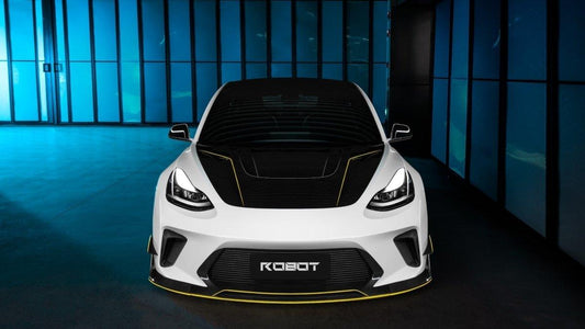 Tesla Model 3 Performance Long Range Standard Base 2017 2018 2019 2020 2021 2022 2023 with Aftermarket Parts - "HACKER" Narrow Body Front Bumper & Front Splitter Carbon Fiber / FRP from Robot Craftsman