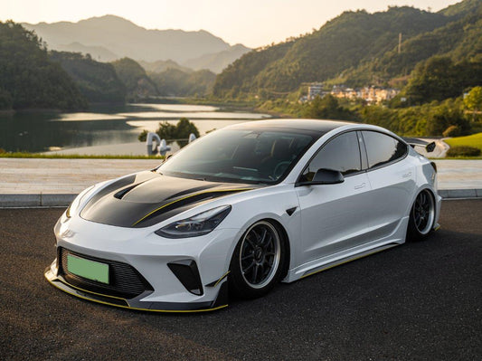 Tesla Model 3 Performance Long Range Standard Base 2017 2018 2019 2020 2021 2022 2023 with Aftermarket Parts - "HACKER" Narrow Body Front Bumper & Front Splitter Carbon Fiber / FRP from Robot Craftsman