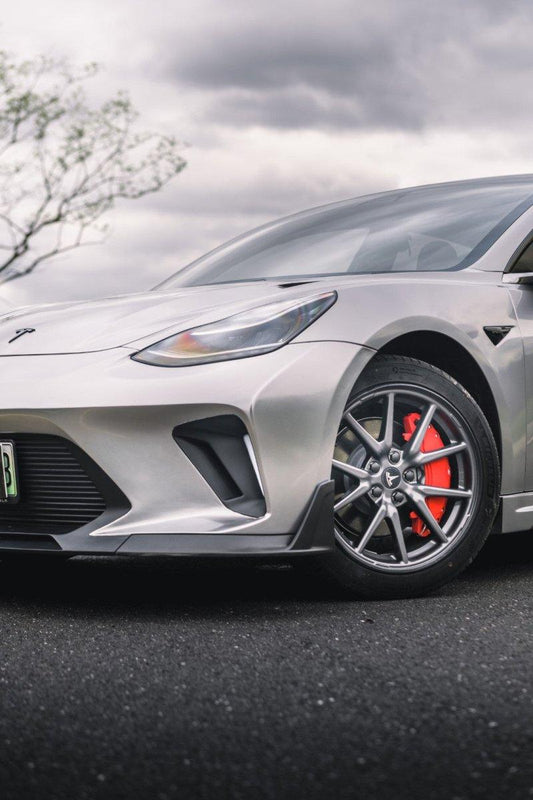 Tesla Model 3 Performance Long Range Standard Base 2017 2018 2019 2020 2021 2022 2023 with Aftermarket Parts - "HACKER" Narrow Body Front Bumper & Front Splitter Carbon Fiber / FRP from Robot Craftsman