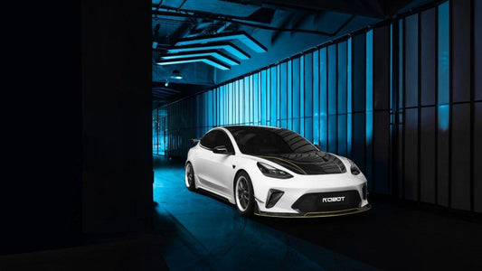 Tesla Model 3 Performance Long Range Standard Base 2017 2018 2019 2020 2021 2022 2023 with Aftermarket Parts - "HACKER" Narrow Body Front Bumper & Front Splitter Carbon Fiber / FRP from Robot Craftsman