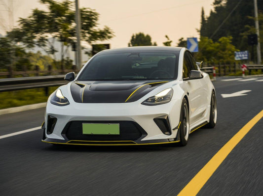 Tesla Model 3 Performance Long Range Standard Base 2017 2018 2019 2020 2021 2022 2023 with Aftermarket Parts - "HACKER" Narrow Body Front Bumper & Front Splitter Carbon Fiber / FRP from Robot Craftsman