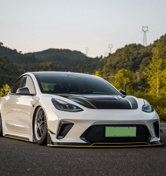 Tesla Model 3 Performance Long Range Standard Base 2017 2018 2019 2020 2021 2022 2023 with Aftermarket Parts - "HACKER" Narrow Body Front Bumper & Front Splitter Carbon Fiber / FRP from Robot Craftsman