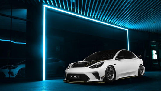 Tesla Model 3 Performance Long Range Standard Base 2017 2018 2019 2020 2021 2022 2023 with Aftermarket Parts - "HACKER" Narrow Body Front Bumper & Front Splitter Carbon Fiber / FRP from Robot Craftsman