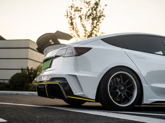 Tesla Model 3 Performance Long Range Standard Base 2017 2018 2019 2020 2021 2022 2023 with Aftermarket Parts - "HACKER" Rear Bumper & Diffuser Carbon Fiber / FRP from Robot Craftsman