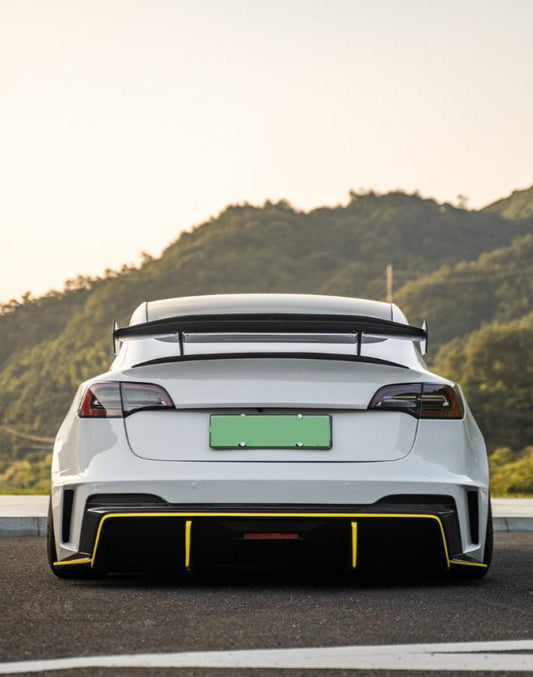 Tesla Model 3 Performance Long Range Standard Base 2017 2018 2019 2020 2021 2022 2023 with Aftermarket Parts - "HACKER" Rear Bumper & Diffuser Carbon Fiber / FRP from Robot Craftsman
