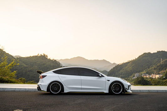 Tesla Model 3 Performance Long Range Standard Base 2017 2018 2019 2020 2021 2022 2023 with Aftermarket Parts - "Hacker" Narrow Body Side Skirts Carbon Fiber / FRP from Robot Craftsman