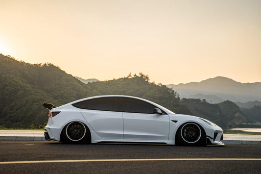 Tesla Model 3 Performance Long Range Standard Base 2017 2018 2019 2020 2021 2022 2023 with Aftermarket Parts - "Hacker" Narrow Body Side Skirts Carbon Fiber / FRP from Robot Craftsman