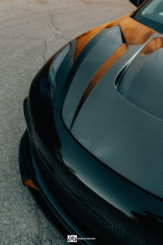 Tesla Model 3 Performance Long Range Standard Base 2017 2018 2019 2020 2021 2022 2023 with Aftermarket Parts - "Hacker" V1 Hood Bonnet Carbon Fiber / FRP from Robot Craftsman