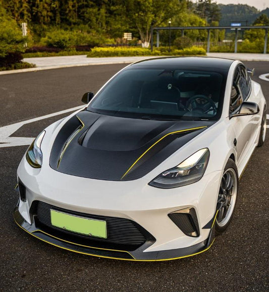 Tesla Model 3 Performance Long Range Standard Base 2017 2018 2019 2020 2021 2022 2023 with Aftermarket Parts - "Hacker" V1 Hood Bonnet Carbon Fiber / FRP from Robot Craftsman