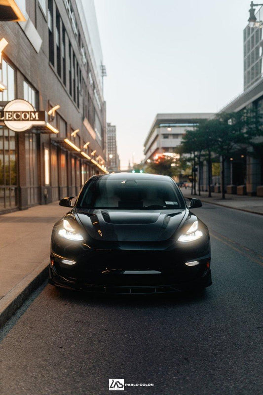 Tesla Model 3 Performance Long Range Standard Base 2017 2018 2019 2020 2021 2022 2023 with Aftermarket Parts - "Hacker" V1 Hood Bonnet Carbon Fiber / FRP from Robot Craftsman