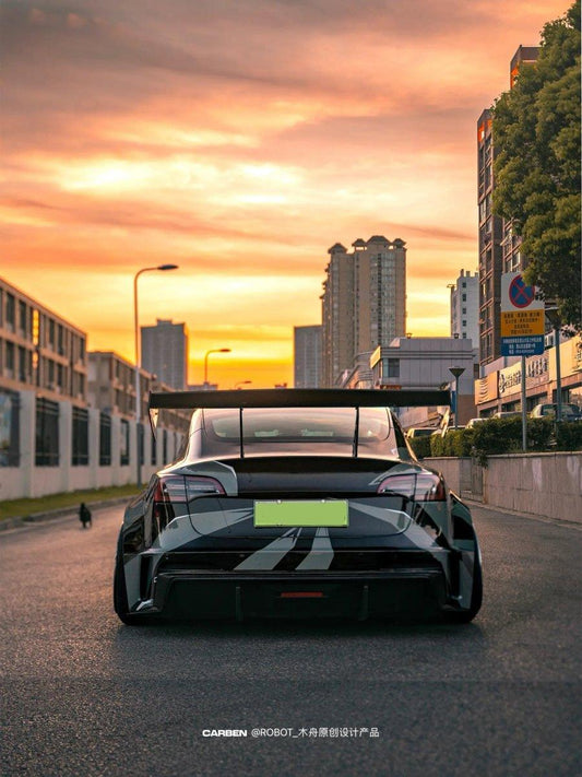 Tesla Model 3 Performance Long Range Standard Base 2017 2018 2019 2020 2021 2022 2023 with Aftermarket Parts - "Hacker" V2 GT Rear Spoiler Wing Carbon Fiber / FRP from Robot Craftsman