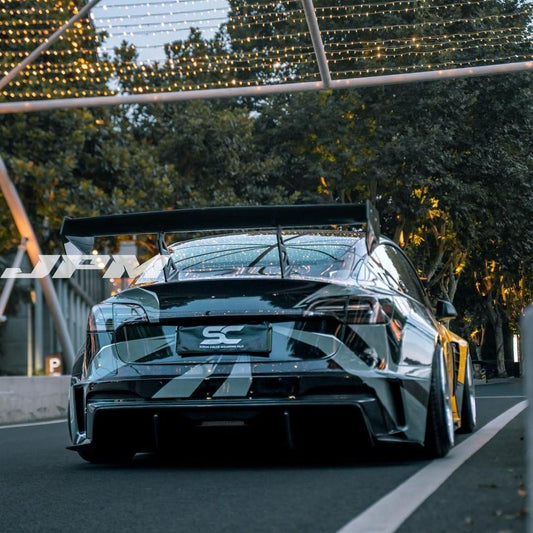 Tesla Model 3 Performance Long Range Standard Base 2017 2018 2019 2020 2021 2022 2023 with Aftermarket Parts - "Hacker" V2 GT Rear Spoiler Wing Carbon Fiber / FRP from Robot Craftsman