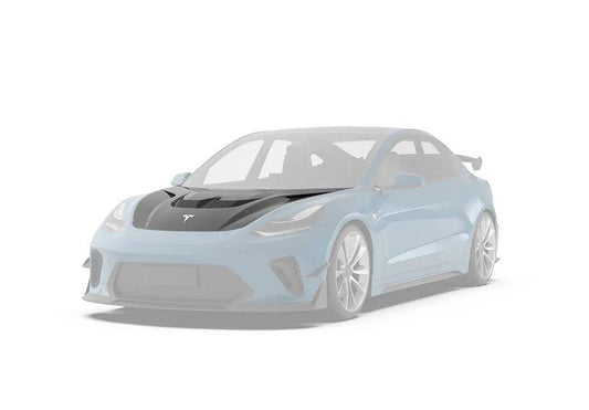 Tesla Model 3 Performance Long Range Standard Base 2017 2018 2019 2020 2021 2022 2023 with Aftermarket Parts - "Hacker" V2 Hood Bonnet Carbon Fiber / FRP from Robot Craftsman