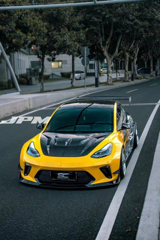 Tesla Model 3 Performance Long Range Standard Base 2017 2018 2019 2020 2021 2022 2023 with Aftermarket Parts - "Hacker" V2 Hood Bonnet Carbon Fiber / FRP from Robot Craftsman