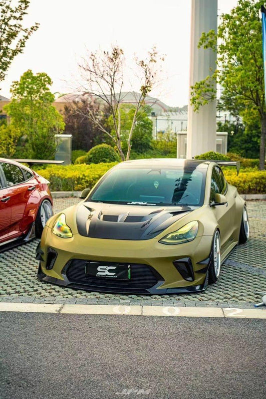 Tesla Model 3 Performance Long Range Standard Base 2017 2018 2019 2020 2021 2022 2023 with Aftermarket Parts - "Hacker" V2 Hood Bonnet Carbon Fiber / FRP from Robot Craftsman