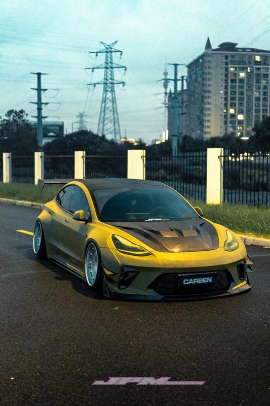 Tesla Model 3 Performance Long Range Standard Base 2017 2018 2019 2020 2021 2022 2023 with Aftermarket Parts - "Hacker" V2 Hood Bonnet Carbon Fiber / FRP from Robot Craftsman