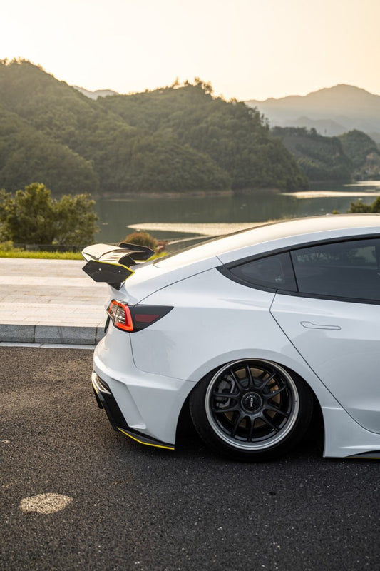 Tesla Model 3 Performance Long Range Standard Base 2017 2018 2019 2020 2021 2022 2023 with Aftermarket Parts - "Hacker" V3 Double Decker Rear Spoiler Wing Carbon Fiber / FRP from Robot Craftsman