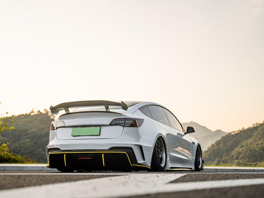 Tesla Model 3 Performance Long Range Standard Base 2017 2018 2019 2020 2021 2022 2023 with Aftermarket Parts - "Hacker" V3 Double Decker Rear Spoiler Wing Carbon Fiber / FRP from Robot Craftsman