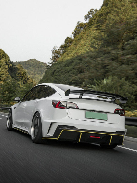 Tesla Model 3 Performance Long Range Standard Base 2017 2018 2019 2020 2021 2022 2023 with Aftermarket Parts - "Hacker" V3 Double Decker Rear Spoiler Wing Carbon Fiber / FRP from Robot Craftsman