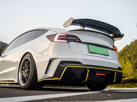 Tesla Model 3 Performance Long Range Standard Base 2017 2018 2019 2020 2021 2022 2023 with Aftermarket Parts - "Hacker" V3 Double Decker Rear Spoiler Wing Carbon Fiber / FRP from Robot Craftsman