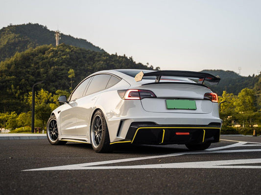 Tesla Model 3 Performance Long Range Standard Base 2017 2018 2019 2020 2021 2022 2023 with Aftermarket Parts - "Hacker" V3 Double Decker Rear Spoiler Wing Carbon Fiber / FRP from Robot Craftsman