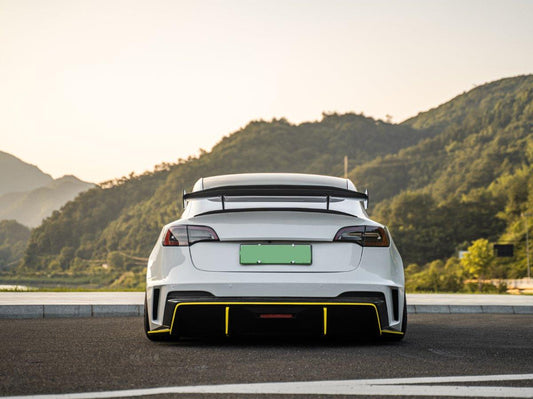Tesla Model 3 Performance Long Range Standard Base 2017 2018 2019 2020 2021 2022 2023 with Aftermarket Parts - "Hacker" V3 Double Decker Rear Spoiler Wing Carbon Fiber / FRP from Robot Craftsman