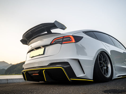 Tesla Model 3 Performance Long Range Standard Base 2017 2018 2019 2020 2021 2022 2023 with Aftermarket Parts - "Hacker" V3 Double Decker Rear Spoiler Wing Carbon Fiber / FRP from Robot Craftsman
