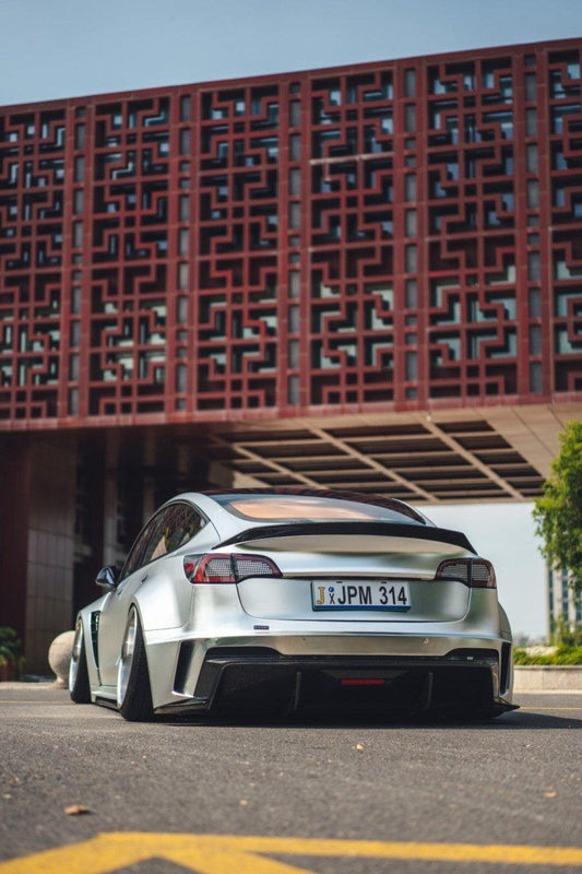 Tesla Model 3 Performance Long Range Standard Base 2017 2018 2019 2020 2021 2022 2023 with Aftermarket Parts - "Hacker" V4 Rear Ducktail Spoiler Carbon Fiber / FRP from Robot Craftsman