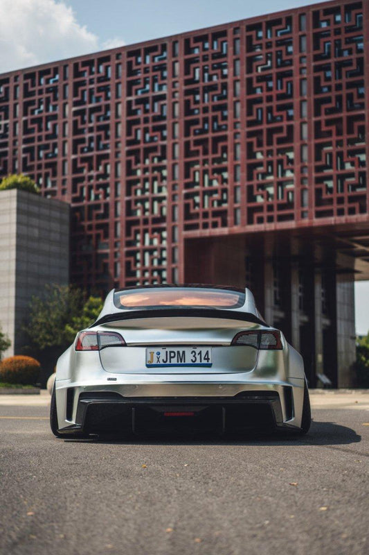 Tesla Model 3 Performance Long Range Standard Base 2017 2018 2019 2020 2021 2022 2023 with Aftermarket Parts - "Hacker" V4 Rear Ducktail Spoiler Carbon Fiber / FRP from Robot Craftsman