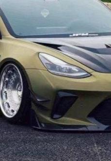 Tesla Model 3 Performance Long Range Standard Base 2017 2018 2019 2020 2021 2022 2023 with Aftermarket Parts - "Hacker" Widebody Front Bumper Canards Carbon Fiber / FRP from Robot Craftsman