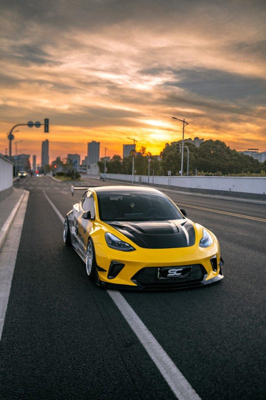 Tesla Model 3 Performance Long Range Standard Base 2017 2018 2019 2020 2021 2022 2023 with Aftermarket Parts - "Hacker" Widebody Front Bumper Canards Carbon Fiber / FRP from Robot Craftsman