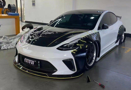 Tesla Model 3 Performance Long Range Standard Base 2017 2018 2019 2020 2021 2022 2023 with Aftermarket Parts - "HACKER" Widebody Front Bumper & Front Splitter Carbon Fiber / FRP from Robot Craftsman