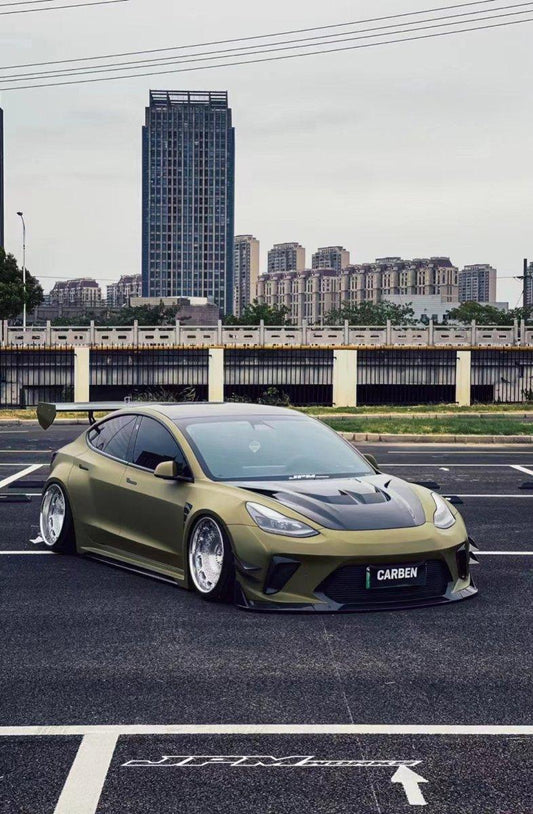 Tesla Model 3 Performance Long Range Standard Base 2017 2018 2019 2020 2021 2022 2023 with Aftermarket Parts - "HACKER" Widebody Front Bumper & Front Splitter Carbon Fiber / FRP from Robot Craftsman
