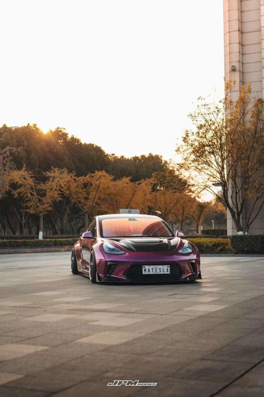 Tesla Model 3 Performance Long Range Standard Base 2017 2018 2019 2020 2021 2022 2023 with Aftermarket Parts - "HACKER" Widebody Front Bumper & Front Splitter Carbon Fiber / FRP from Robot Craftsman