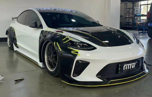 Tesla Model 3 Performance Long Range Standard Base 2017 2018 2019 2020 2021 2022 2023 with Aftermarket Parts - "HACKER" Widebody Front Bumper & Front Splitter Carbon Fiber / FRP from Robot Craftsman