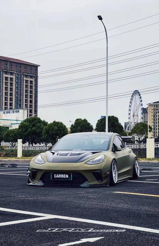 Tesla Model 3 Performance Long Range Standard Base 2017 2018 2019 2020 2021 2022 2023 with Aftermarket Parts - "HACKER" Widebody Front Bumper & Front Splitter Carbon Fiber / FRP from Robot Craftsman