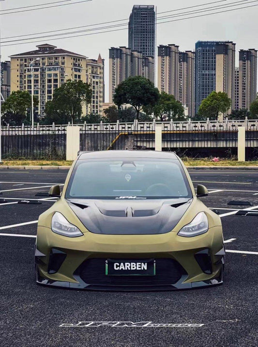 Tesla Model 3 Performance Long Range Standard Base 2017 2018 2019 2020 2021 2022 2023 with Aftermarket Parts - "HACKER" Widebody Front Bumper & Front Splitter Carbon Fiber / FRP from Robot Craftsman