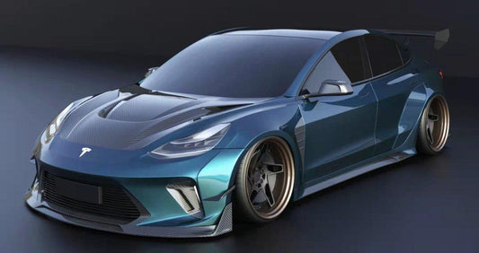 Tesla Model 3 Performance Long Range Standard Base 2017 2018 2019 2020 2021 2022 2023 with Aftermarket Parts - "HACKER" Widebody Front Bumper & Front Splitter Carbon Fiber / FRP from Robot Craftsman