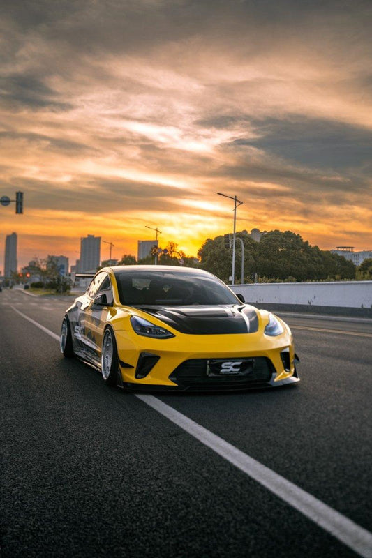 Tesla Model 3 Performance Long Range Standard Base 2017 2018 2019 2020 2021 2022 2023 with Aftermarket Parts - "Hacker" Widebody Wheel Arches & Side Skirts Carbon Fiber / FRP from Robot Craftsman
