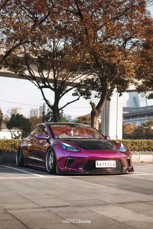 Tesla Model 3 Performance Long Range Standard Base 2017 2018 2019 2020 2021 2022 2023 with Aftermarket Parts - "Hacker" Widebody Wheel Arches & Side Skirts Carbon Fiber / FRP from Robot Craftsman