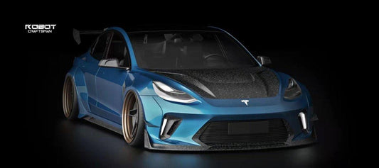 Tesla Model 3 Performance Long Range Standard Base 2017 2018 2019 2020 2021 2022 2023 with Aftermarket Parts - "Hacker" Widebody Wheel Arches & Side Skirts Carbon Fiber / FRP from Robot Craftsman