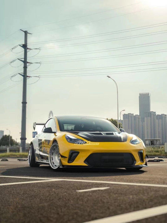 Tesla Model 3 Performance Long Range Standard Base 2017 2018 2019 2020 2021 2022 2023 with Aftermarket Parts - "Hacker" Widebody Wheel Arches & Side Skirts Carbon Fiber / FRP from Robot Craftsman