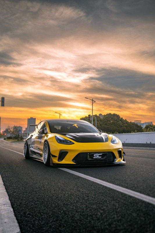 Tesla Model 3 Performance Long Range Standard Base 2017 2018 2019 2020 2021 2022 2023 with Aftermarket Parts - "Hacker" Widebody Wheel Arches & Side Skirts Carbon Fiber / FRP from Robot Craftsman