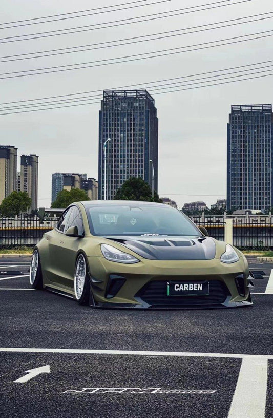 Tesla Model 3 Performance Long Range Standard Base 2017 2018 2019 2020 2021 2022 2023 with Aftermarket Parts - "Hacker" Widebody Wheel Arches & Side Skirts Carbon Fiber / FRP from Robot Craftsman