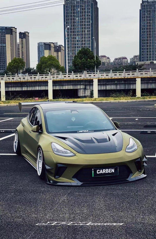 Tesla Model 3 Performance Long Range Standard Base 2017 2018 2019 2020 2021 2022 2023 with Aftermarket Parts - "Hacker" Widebody Wheel Arches & Side Skirts Carbon Fiber / FRP from Robot Craftsman