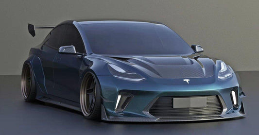 Tesla Model 3 Performance Long Range Standard Base 2017 2018 2019 2020 2021 2022 2023 with Aftermarket Parts - "Hacker" Widebody Wheel Arches & Side Skirts Carbon Fiber / FRP from Robot Craftsman